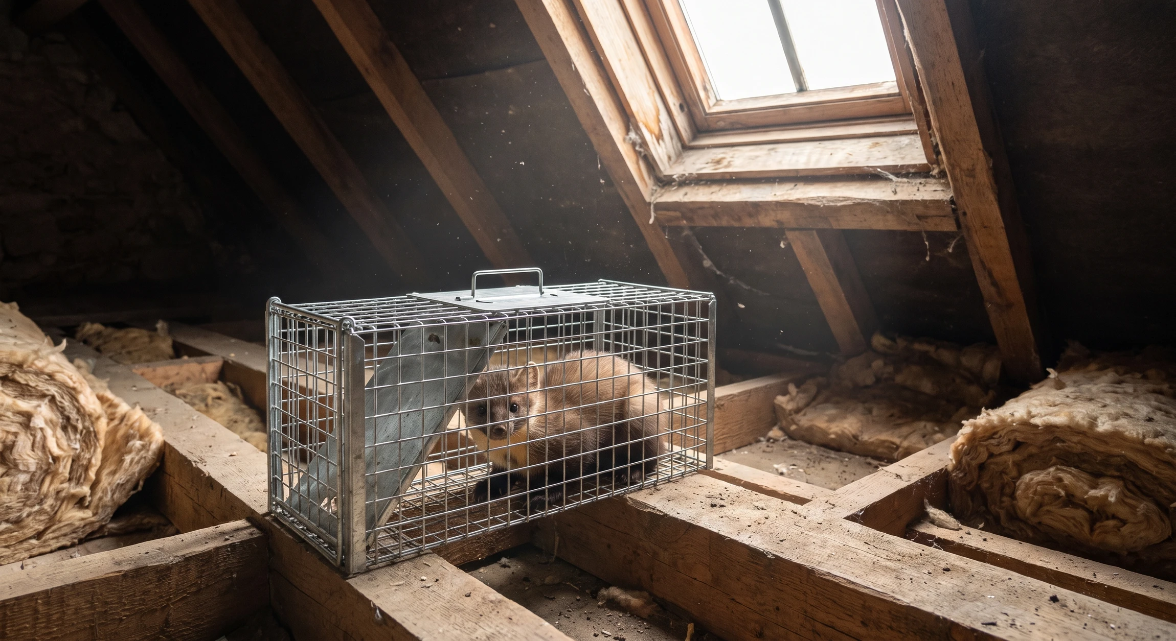Une fouine capturée dans une cage de piégeage métallique en galvanisé posée sur la poutre d'un grenier ou des combles en bois brut. L'animal est visible à l'intérieur du piège. Lumière naturelle provenant d'une lucarne en bois. Environnement typique de combles d'habitation avec isolation visible et poussière.