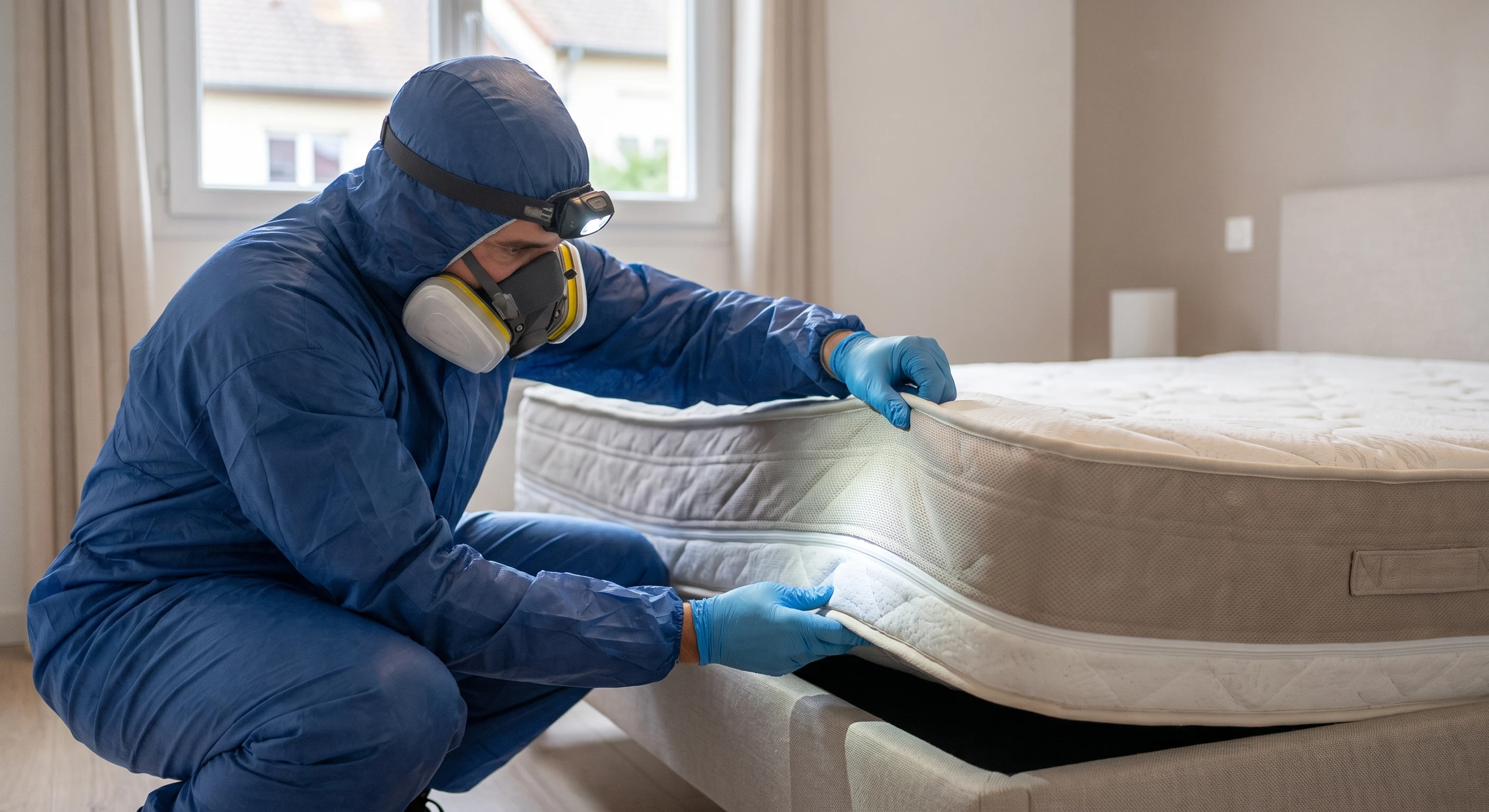 Technicien anti-nuisibles en combinaison bleue et masque respiratoire, inspectant minutieusement le dessous d'un matelas à l'aide d'une lampe torche frontale, en intérieur résidentiel clair, pour détecter des punaises de lit. Plan rapproché du geste professionnel d'inspection.