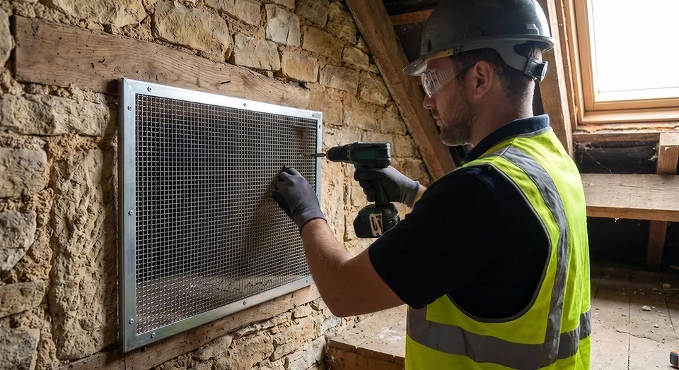 Nid de guêpes ou frelons fixé sous la corniche d'un bâtiment résidentiel en crépi beige, à hauteur du premier étage